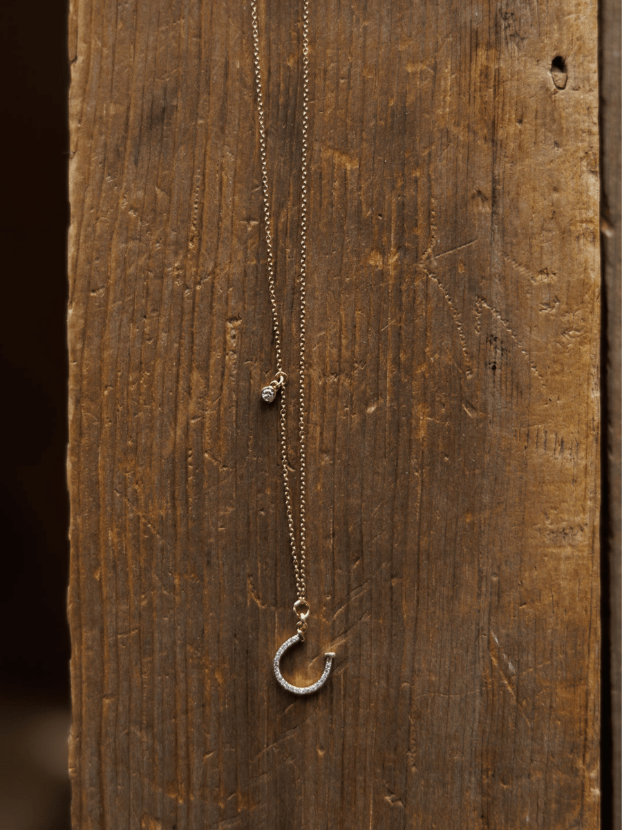 The Diamond Horseshoe Necklace by Savannah Sevens western life{&}style features a delicate 14K gold horseshoe with a small round diamond charm and crescent pendant, displayed on rustic wood. From the Devereaux Gold collection.