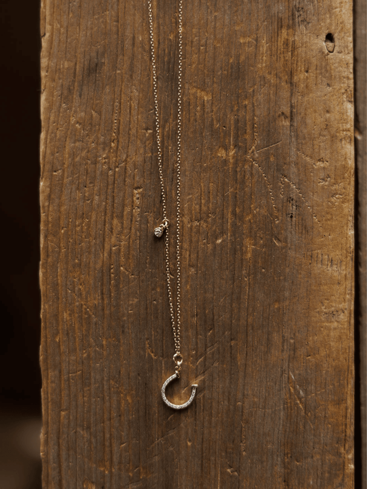 The Diamond Horseshoe Necklace by Savannah Sevens western life{&}style features a delicate 14K gold horseshoe with a small round diamond charm and crescent pendant, displayed on rustic wood. From the Devereaux Gold collection.