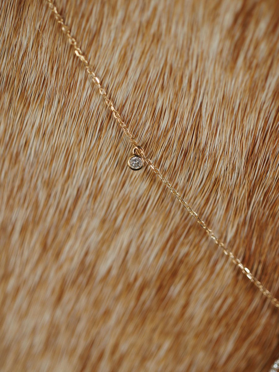 A delicate Diamond Horseshoe Necklace by Savannah Sevens western life{&}style lies on light brown and white animal fur.