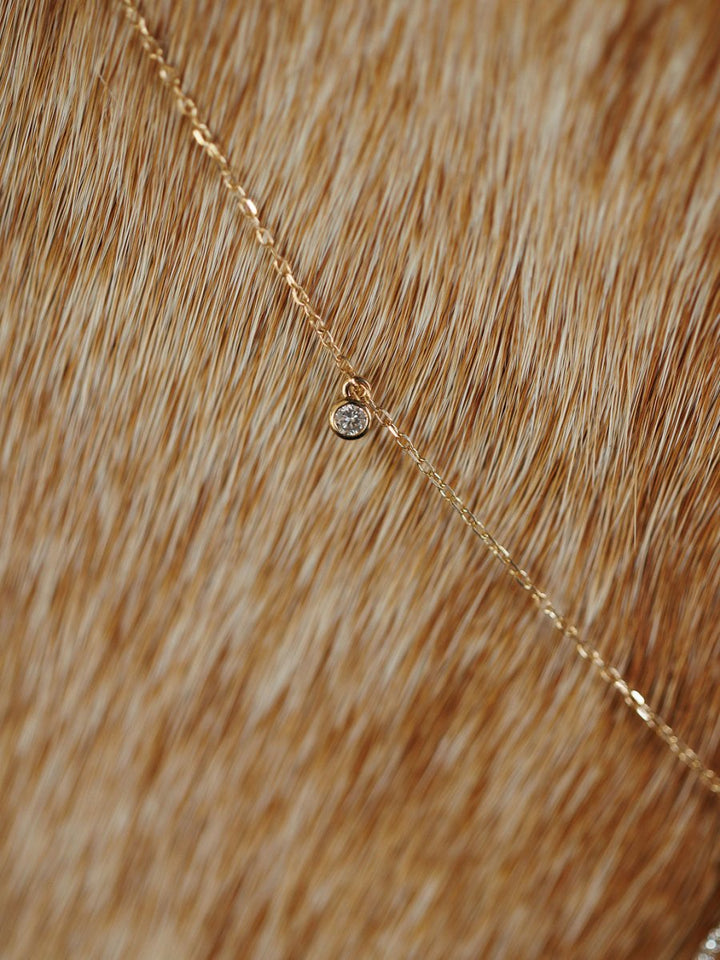 A delicate Diamond Horseshoe Necklace by Savannah Sevens western life{&}style lies on light brown and white animal fur.
