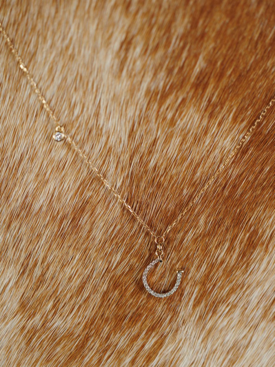 A Diamond Horseshoe Necklace by Savannah Sevens western life{&}style, featuring a 14K gold chain and diamond charm, rests on a brown and white cowhide surface.