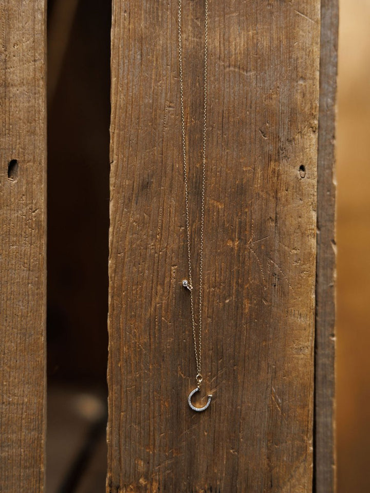 The Diamond Horseshoe Necklace by Savannah Sevens western life{&}style features a delicate design displayed against a rustic wooden plank background.