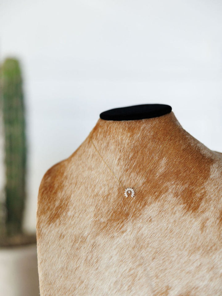 The Diamond Naja Necklace by Savannah Sevens western life{&}style features a sunburst-shaped pendant with lab grown diamonds, shown on a cowhide mannequin with a blurred cactus in the background.