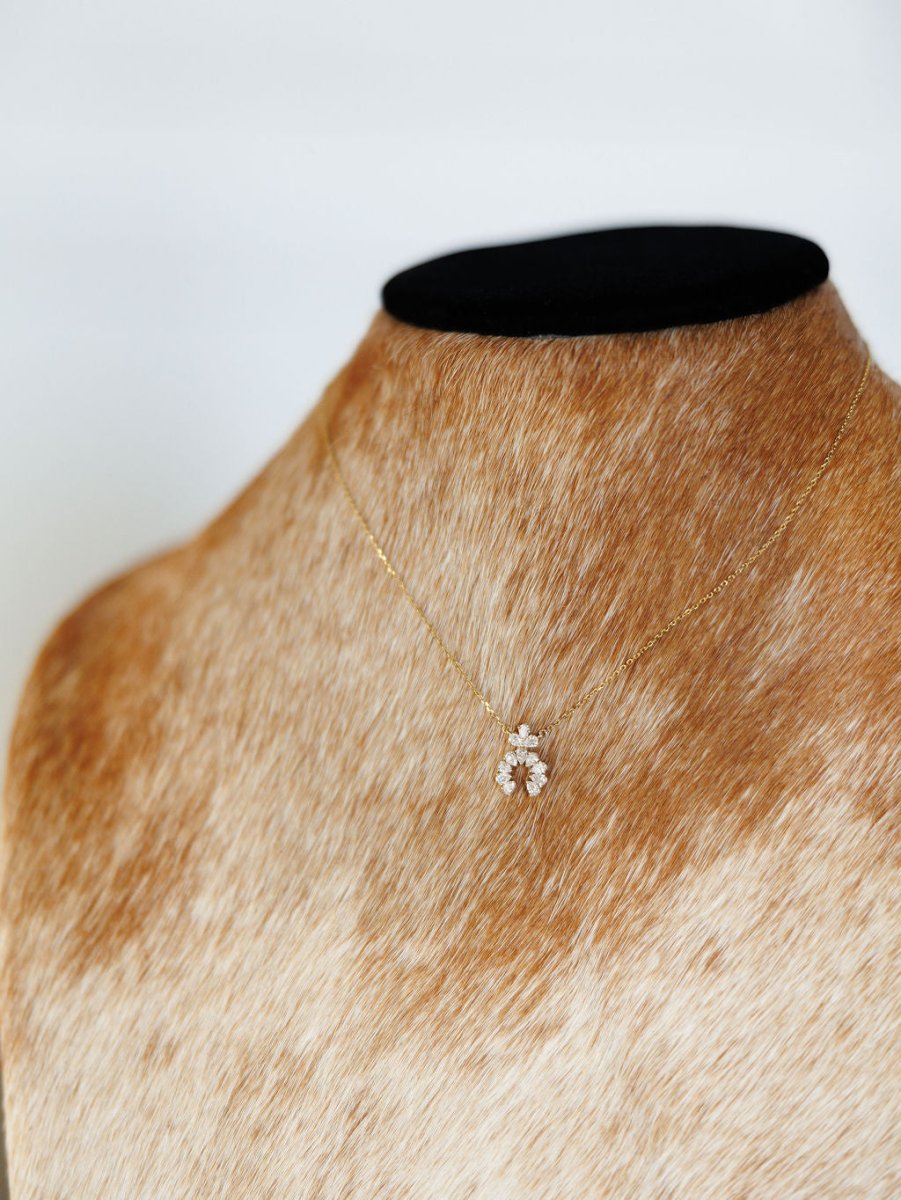 The Diamond Squash Necklace by Savannah Sevens western life{&}style is a delicate 14K gold piece with a small, flower-shaped pendant featuring pear-shaped diamonds, shown on a tan and white fur-textured mannequin bust.