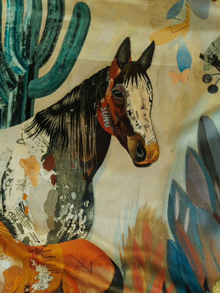 A vibrant horse illustration inspired by Dolan Geiman, with mixed media collage and desert motifs, perfect for the Dolan Wild Rag by Savannah Sevens western life{&}style.