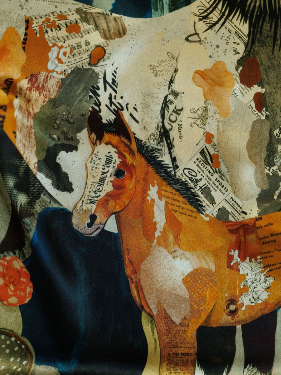 The Dolan Wild Rag by Savannah Sevens western life{&}style features collage artwork by Dolan Geiman of a horse and foal, created with earthy newspaper clippings, painted textures, florals, and abstract Southwest-inspired graphics.