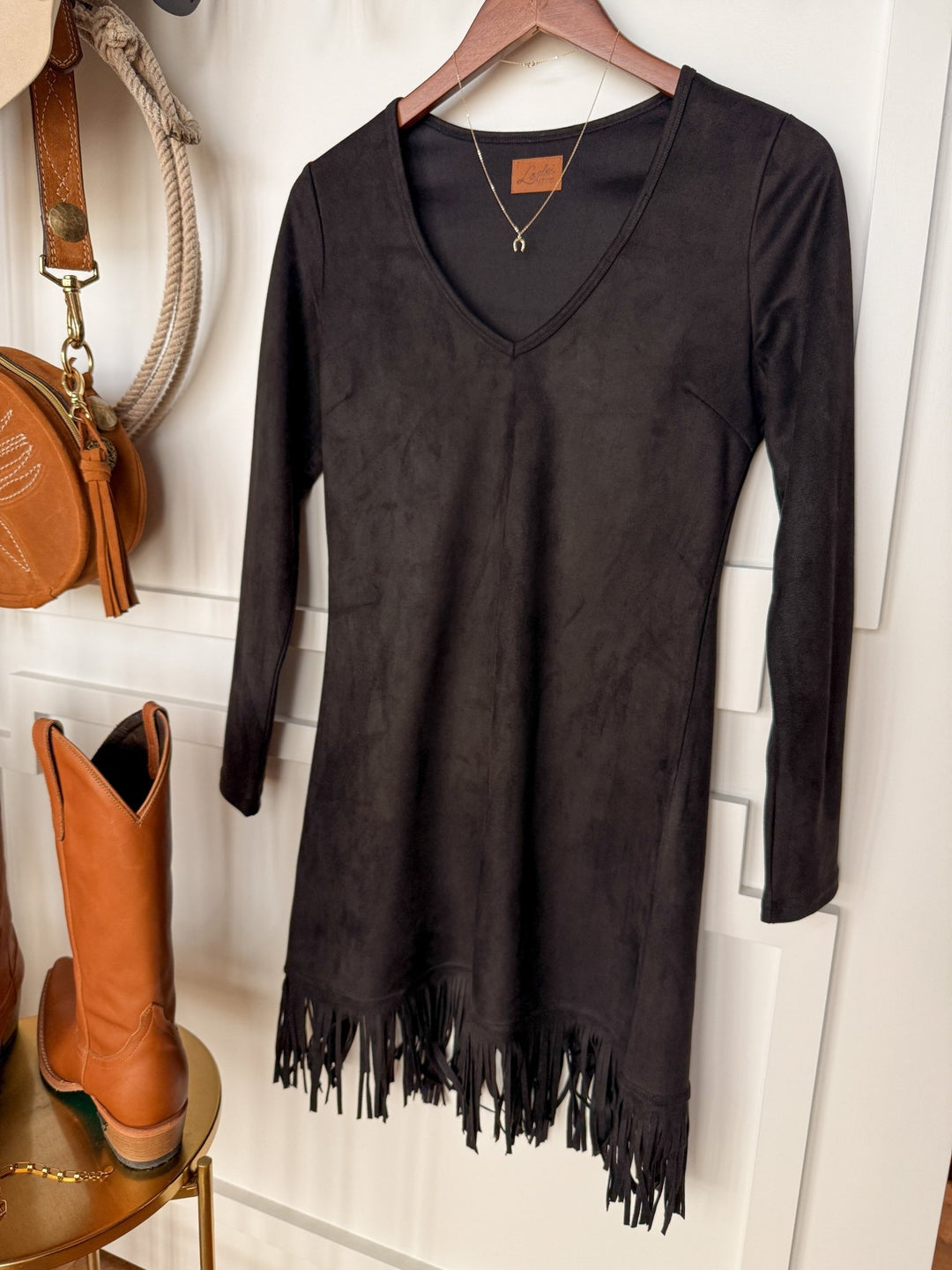 Duluth Black Fringe Long Sleeve Dress