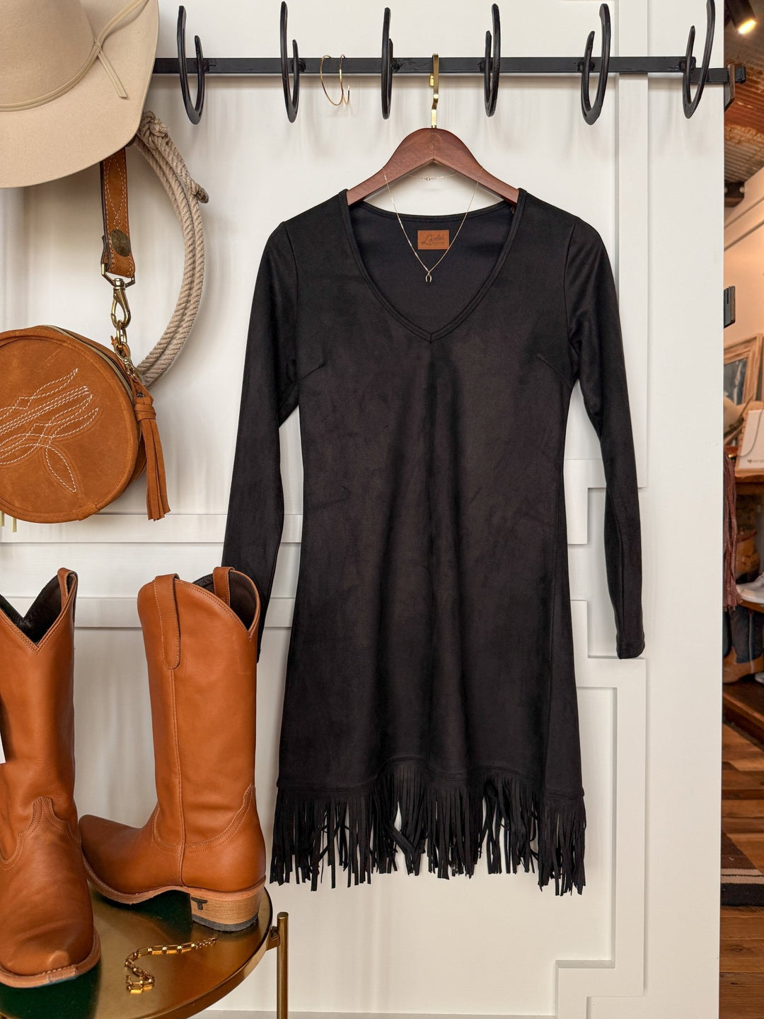 Duluth Black Fringe Long Sleeve Dress