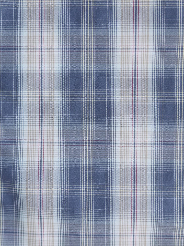 The Durand Ariat Men's Plaid Button Up by Savannah Sevens western life{&}style features blue, white, and gray plaid with red and yellow lines, offering moisture wicking and sun protection—perfect for a classic men's shirt.