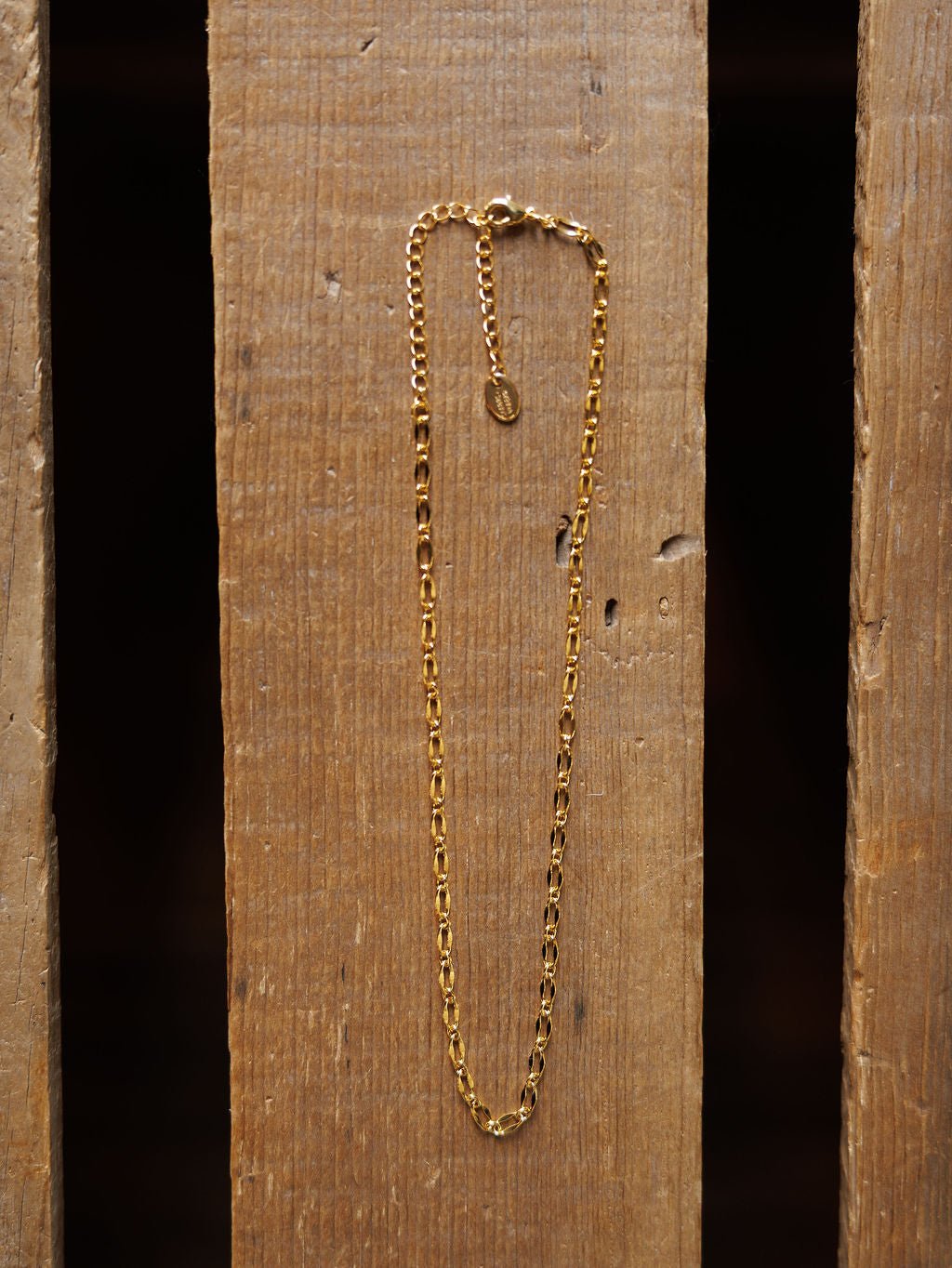 The Eckley Necklace by Savannah Sevens western life{&}style is a gold choker featuring small rectangular paperclip links and an adjustable clasp, displayed vertically on a wooden surface with visible grain and gaps.