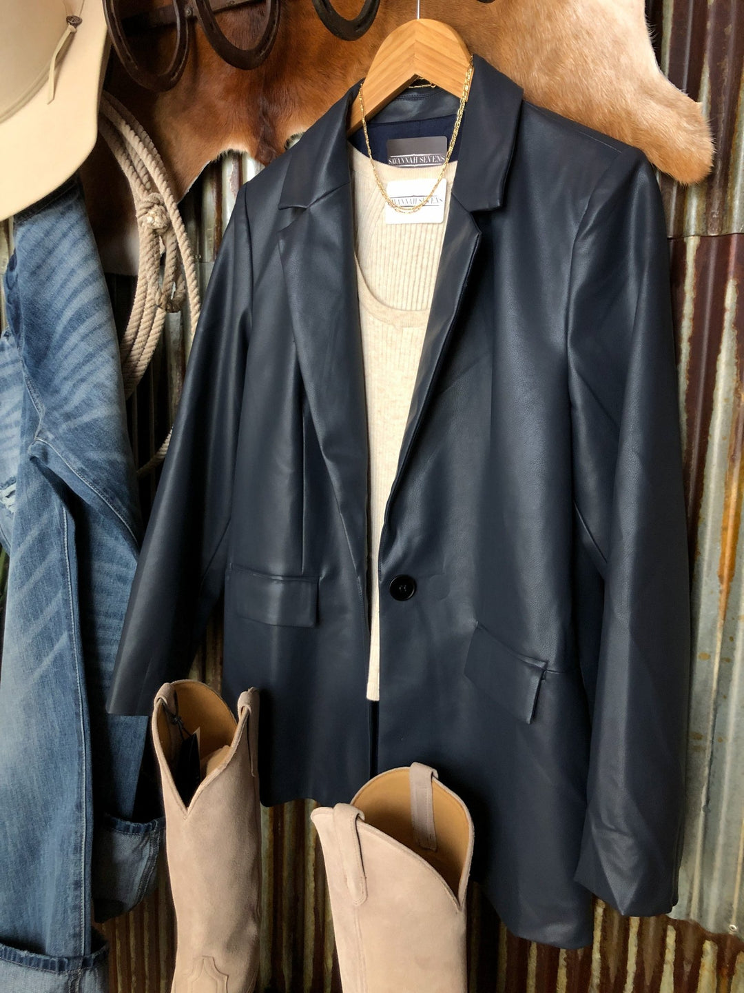 Elko Navy Leather Blazer