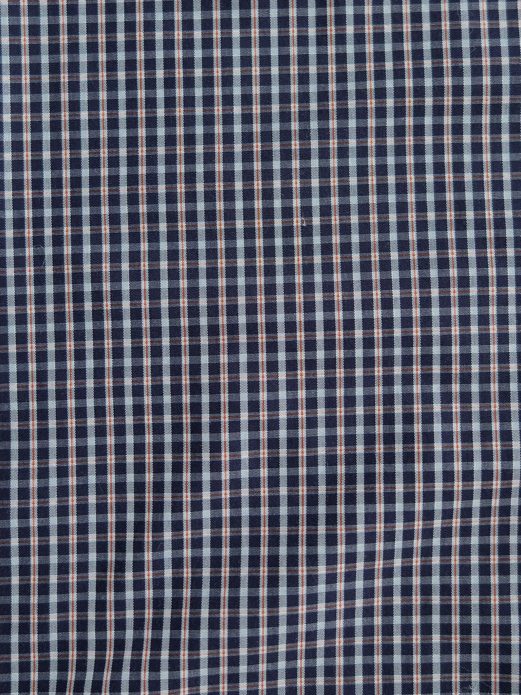 Close-up of the Freeman Ariat Men's Navy Plaid Pearl Snap by Savannah Sevens western life{&}style, featuring a navy background with white and light blue plaid checks, fine lines, and a slightly textured surface.