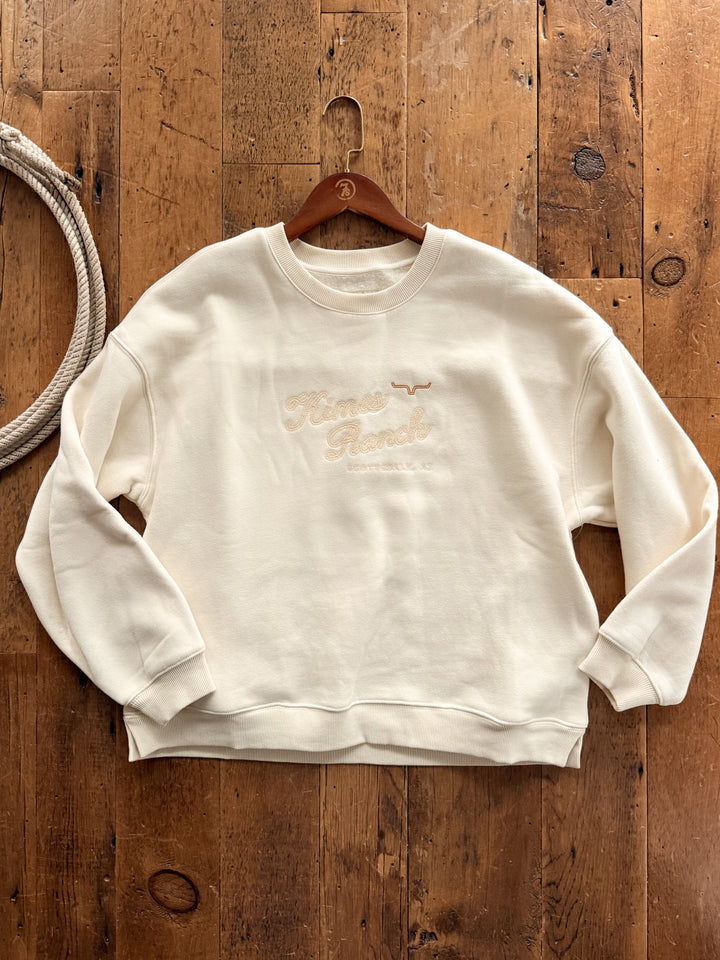 Savannah Sevens western life&style Glendale Cream Embroidered Pullover in a cream oversized relaxed fit crewneck style with tan embroidered text that reads Himes Ranch, Scottsdale, AZ and a steer skull icon.