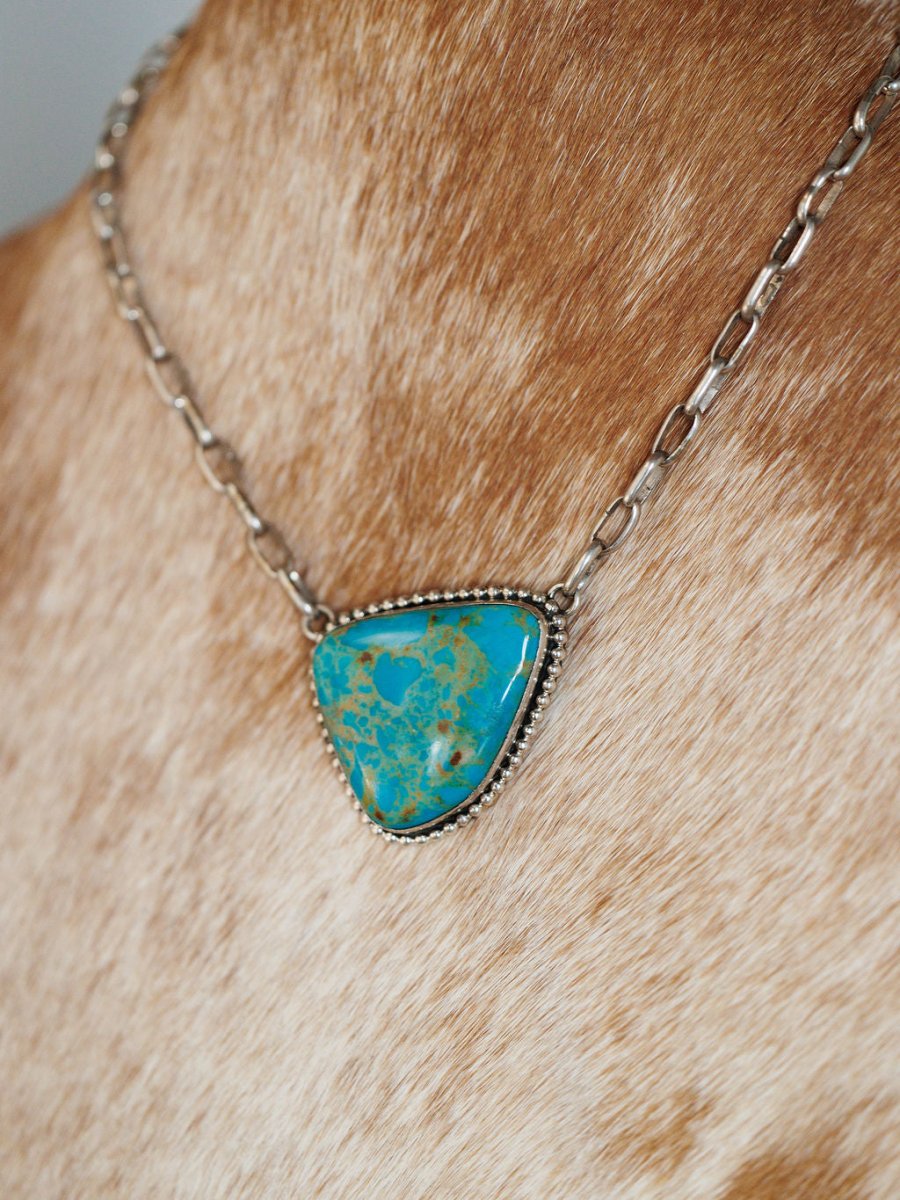 A brown and white spotted dog wears the Granada Necklace by Savannah Sevens western life{&}style, featuring a sterling silver chain with a triangular Kingman turquoise pendant, around its neck.