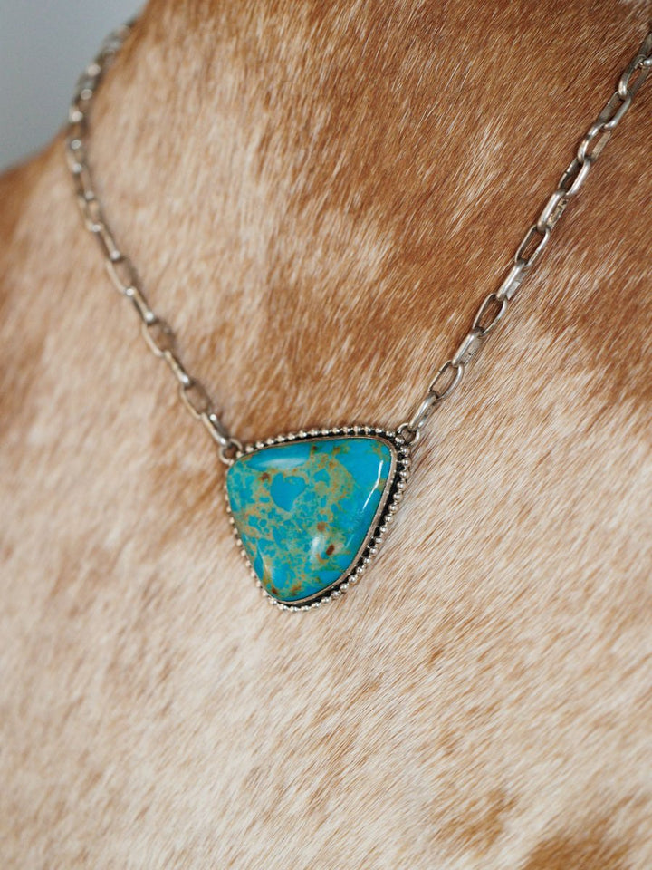 A brown and white spotted dog wears the Granada Necklace by Savannah Sevens western life{&}style, featuring a sterling silver chain with a triangular Kingman turquoise pendant, around its neck.