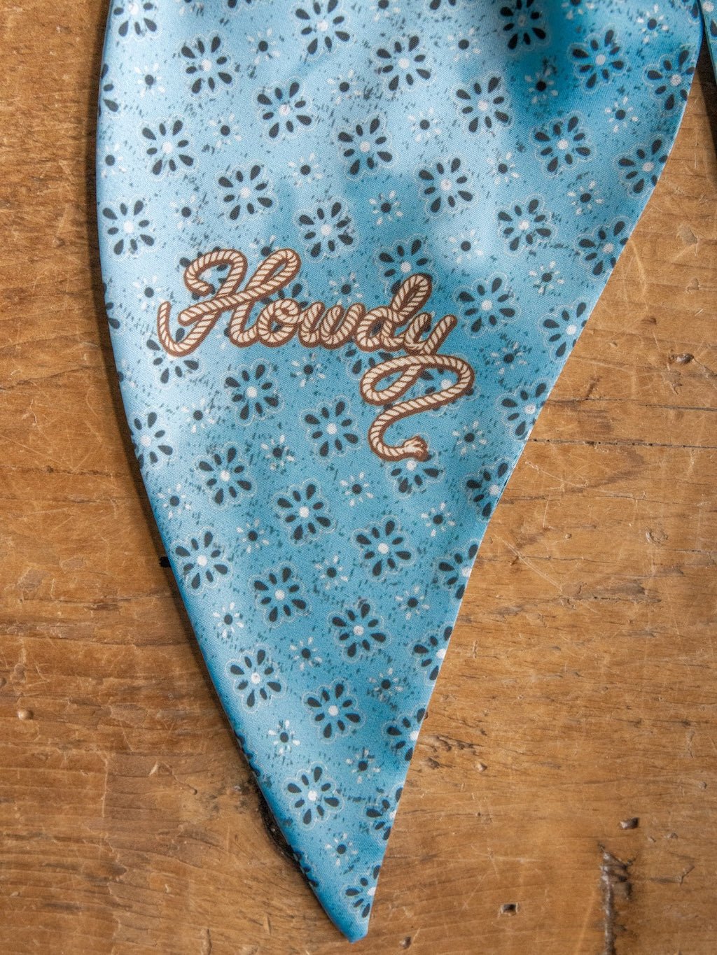 The Howdy Light Blue Satin Tie Scarf from Savannah Sevens western life{&}style, featuring a small floral pattern and “Howdy” spelled out in rope-like letters on its pointed end, is displayed on a wooden surface.