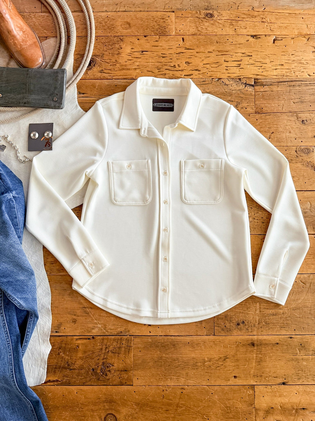 Huron Off-White Soft Stretch Button Up Top