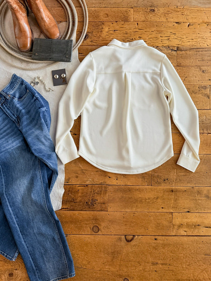 Huron Off-White Soft Stretch Button Up Top