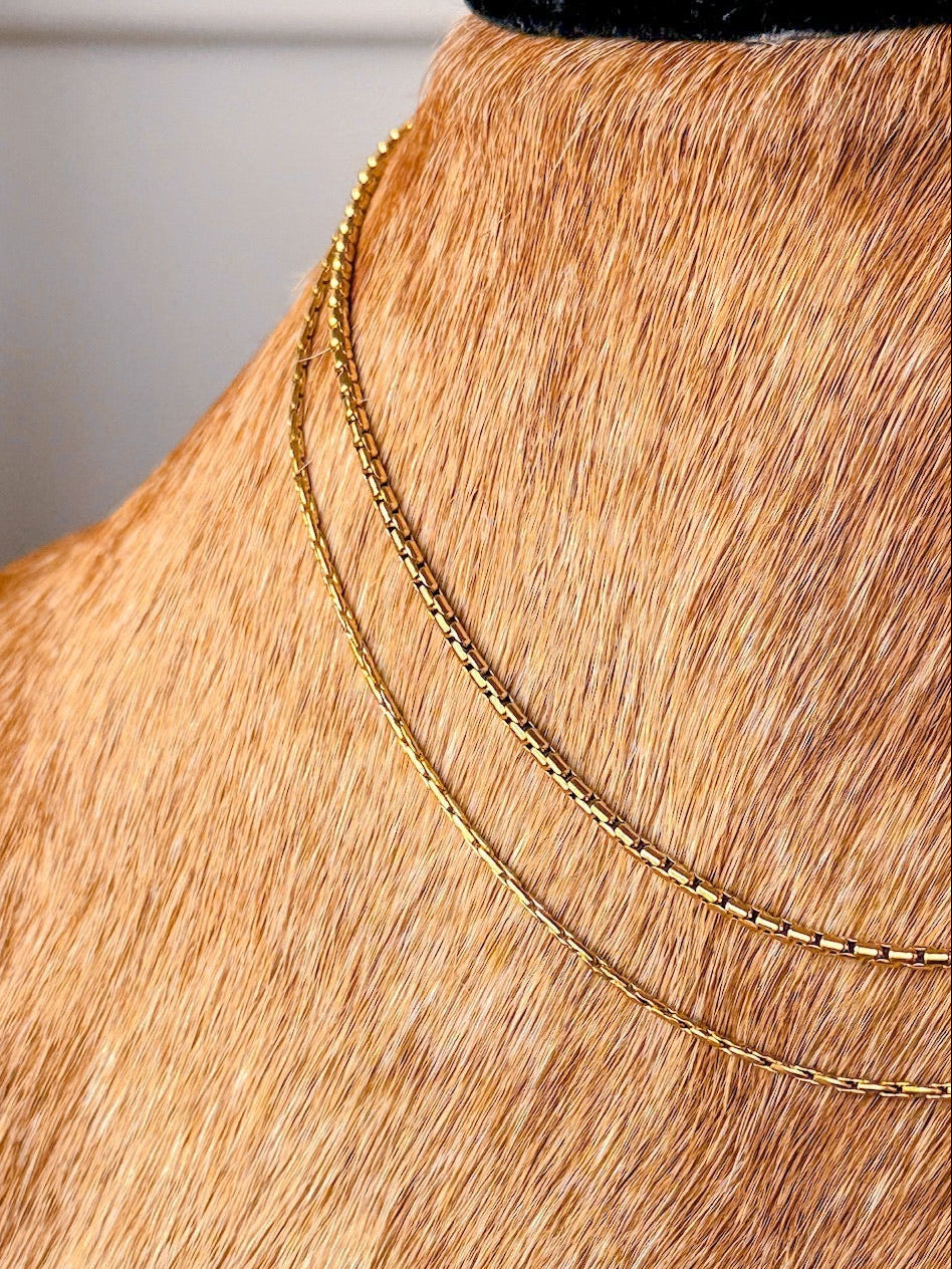 A close-up of a brown-furred dog wearing the Kahoka Necklace by Savannah Sevens western life{&}style, layered over a black collar, with an indoor background softly blurred.