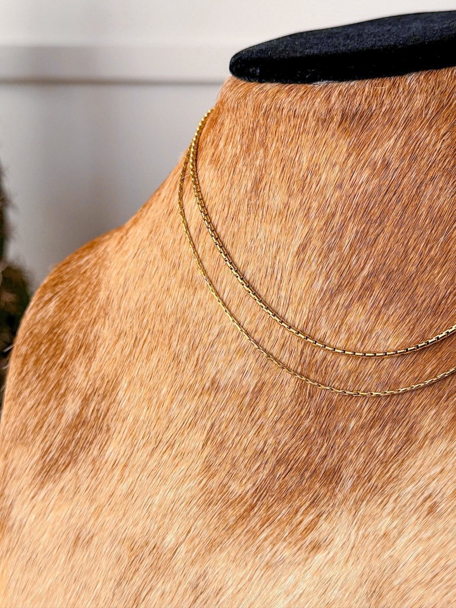 A close-up of a brown-furred dog wearing the Kahoka Necklace by Savannah Sevens western life{&}style, layered over a black collar, with an indoor background softly blurred.