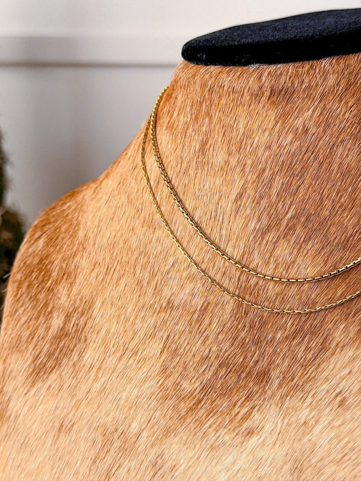 A close-up of a brown-furred dog wearing the Kahoka Necklace by Savannah Sevens western life{&}style, layered over a black collar, with an indoor background softly blurred.