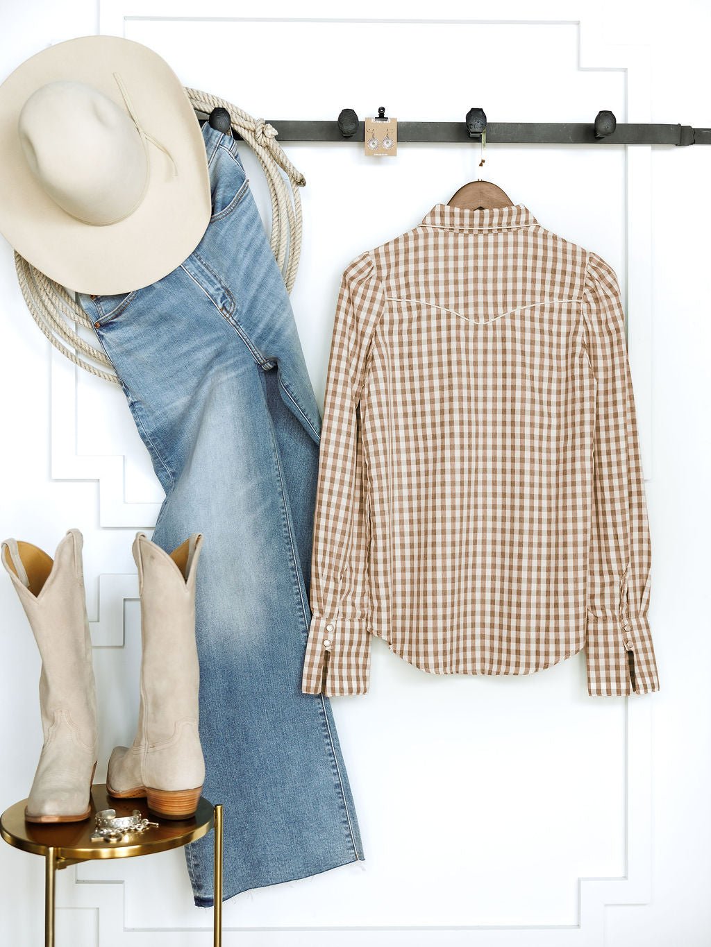 Kennebec Brown Gingham Pearl Snap Top