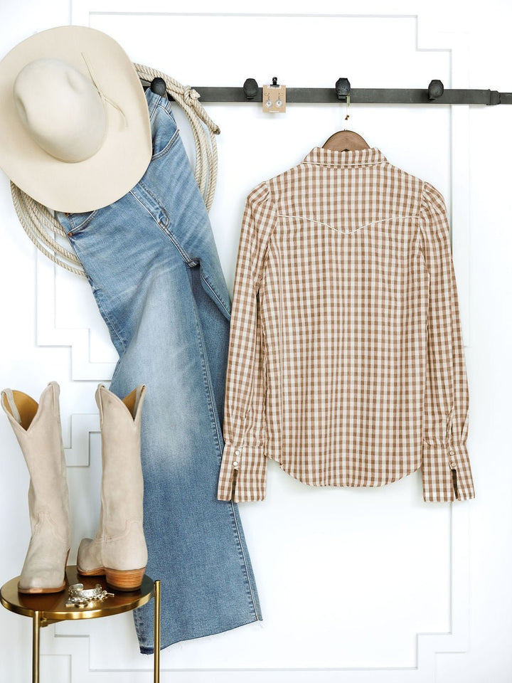 Kennebec Brown Gingham Pearl Snap Top