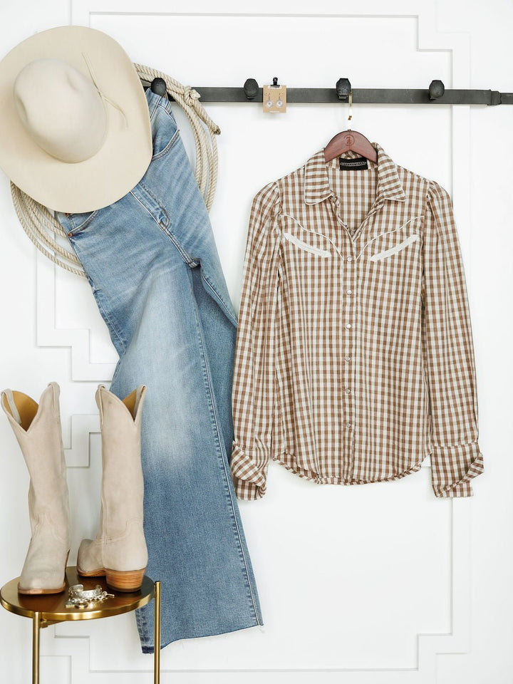 Kennebec Brown Gingham Pearl Snap Top