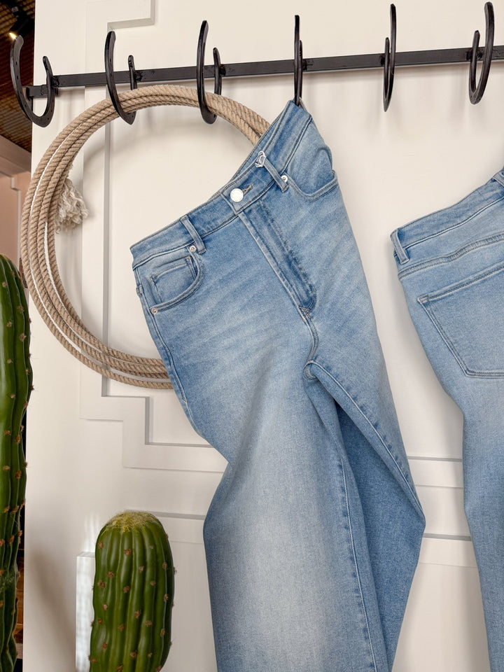 The Kollins High Rise Wide Leg Jean by Savannah Sevens western life{&}style in light blue hangs on a black hook near a coiled rope and two green cacti, set against a white wall with decorative molding.