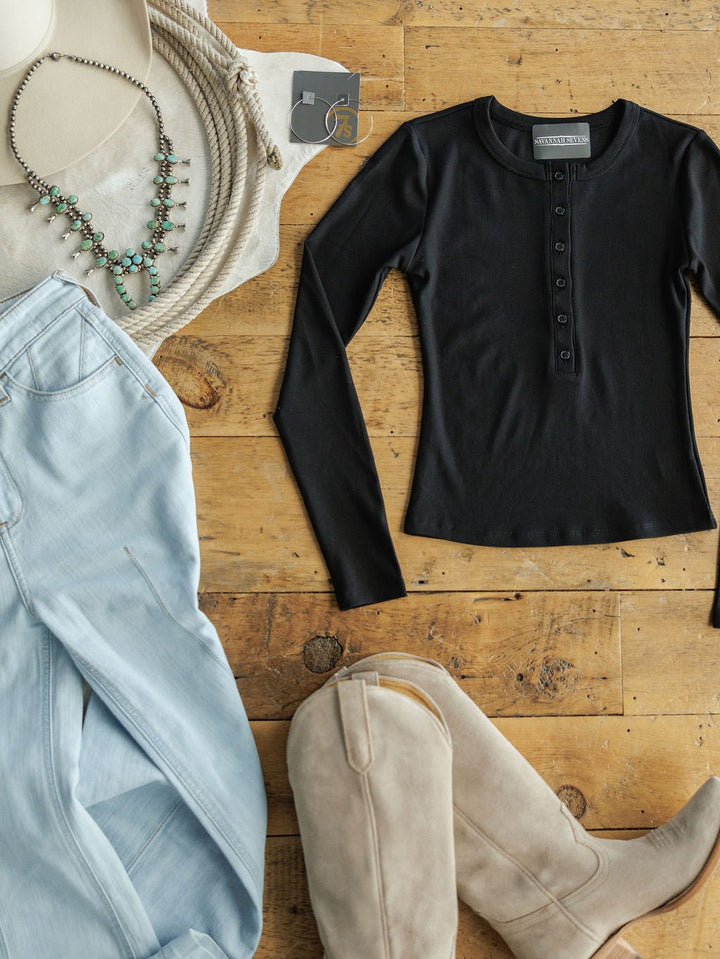 Kosse Black Ribbed Henley Top