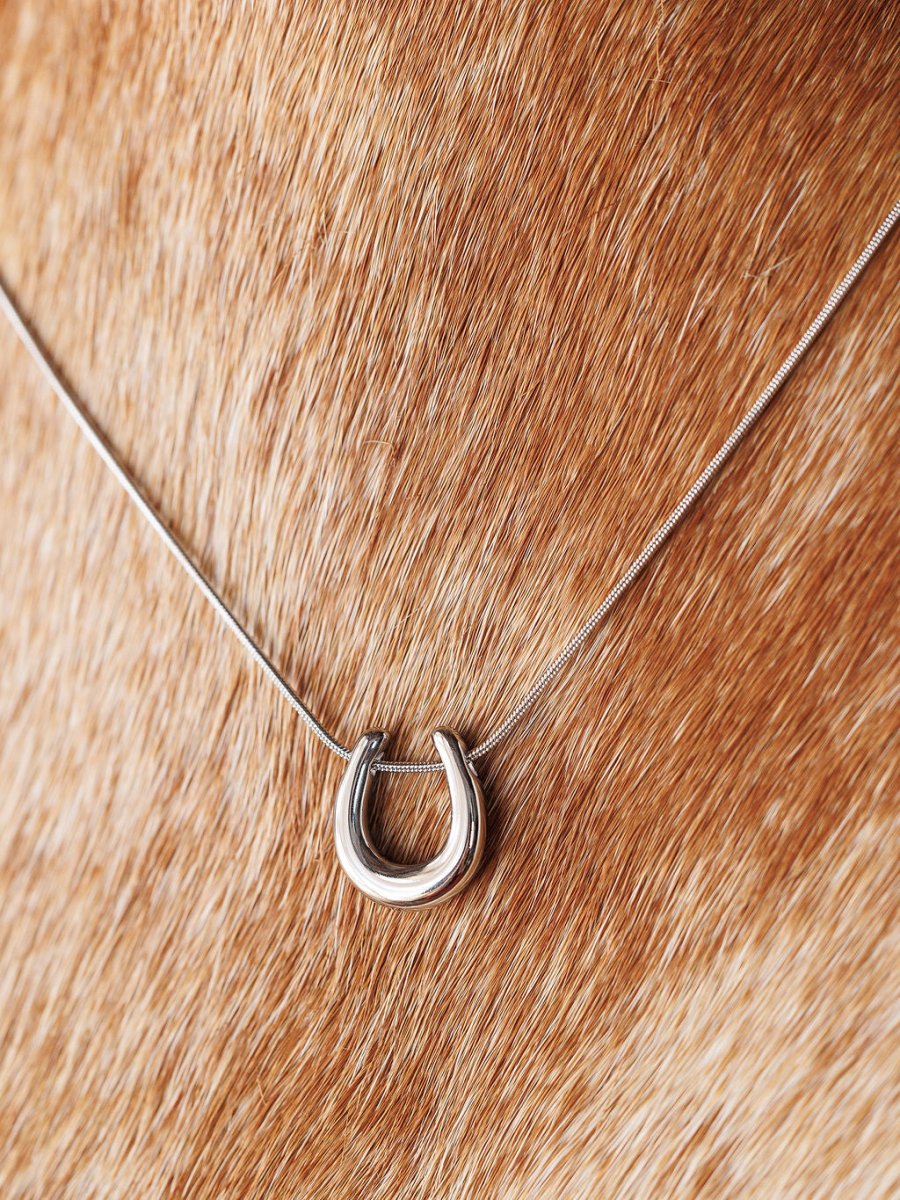 The Lucky Necklace {Gold + Silver} by Savannah Sevens western life{&}style is shown against light brown fur with white spots, accentuating the charm of this stylish horseshoe pendant necklace.