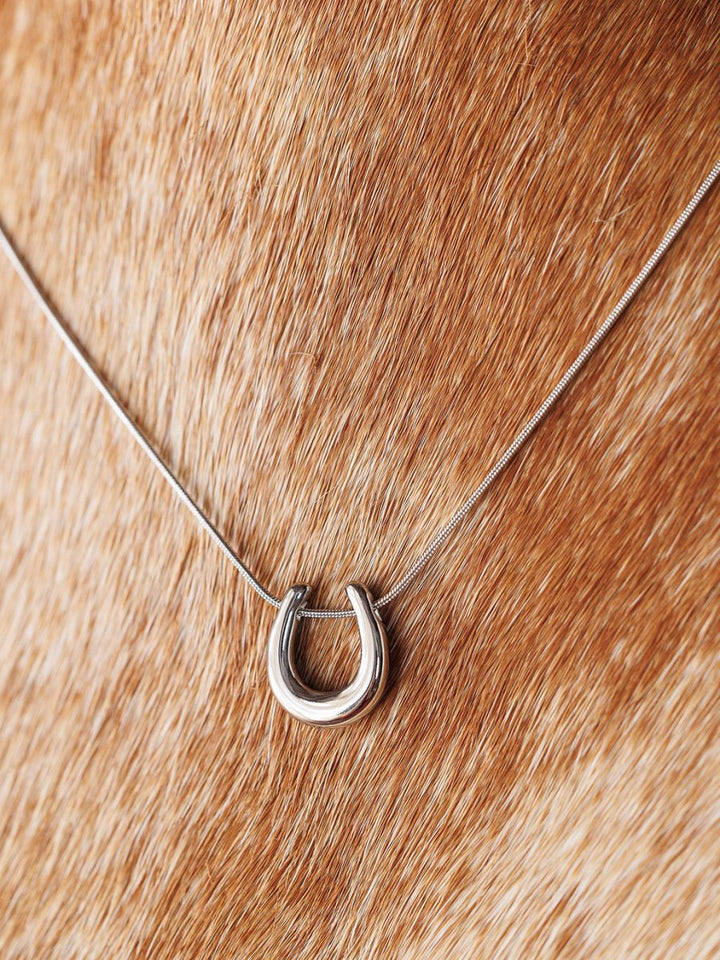 The Lucky Necklace {Gold + Silver} by Savannah Sevens western life{&}style is shown against light brown fur with white spots, accentuating the charm of this stylish horseshoe pendant necklace.