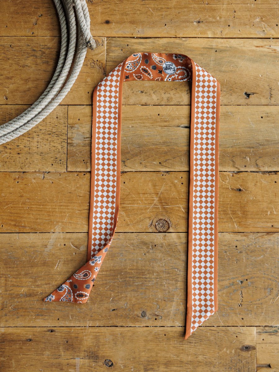 The Lucky Paisley Twilly {Rust} by Savannah Sevens western life{&}style features brown and white paisley and checkerboard designs, displayed flat on a rustic wooden surface beside a coiled rope.