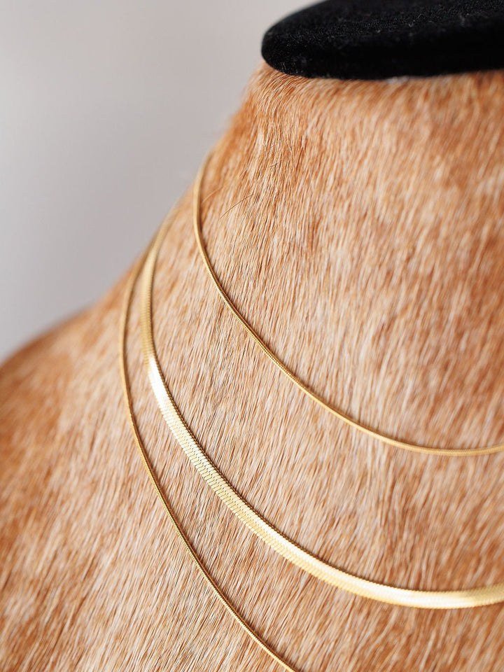 Close-up of a dog's neck with short brown fur, wearing the hypoallergenic gold Lynden Necklace by Savannah Sevens western life{&}style, shown against a neutral background.
