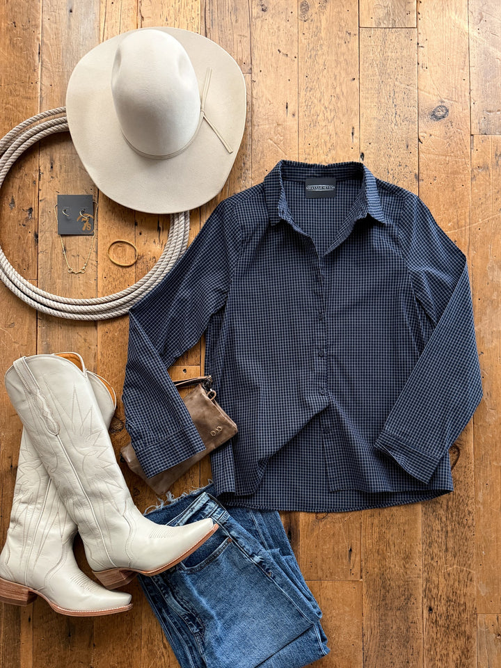 Masey Navy Plaid Button Up Top