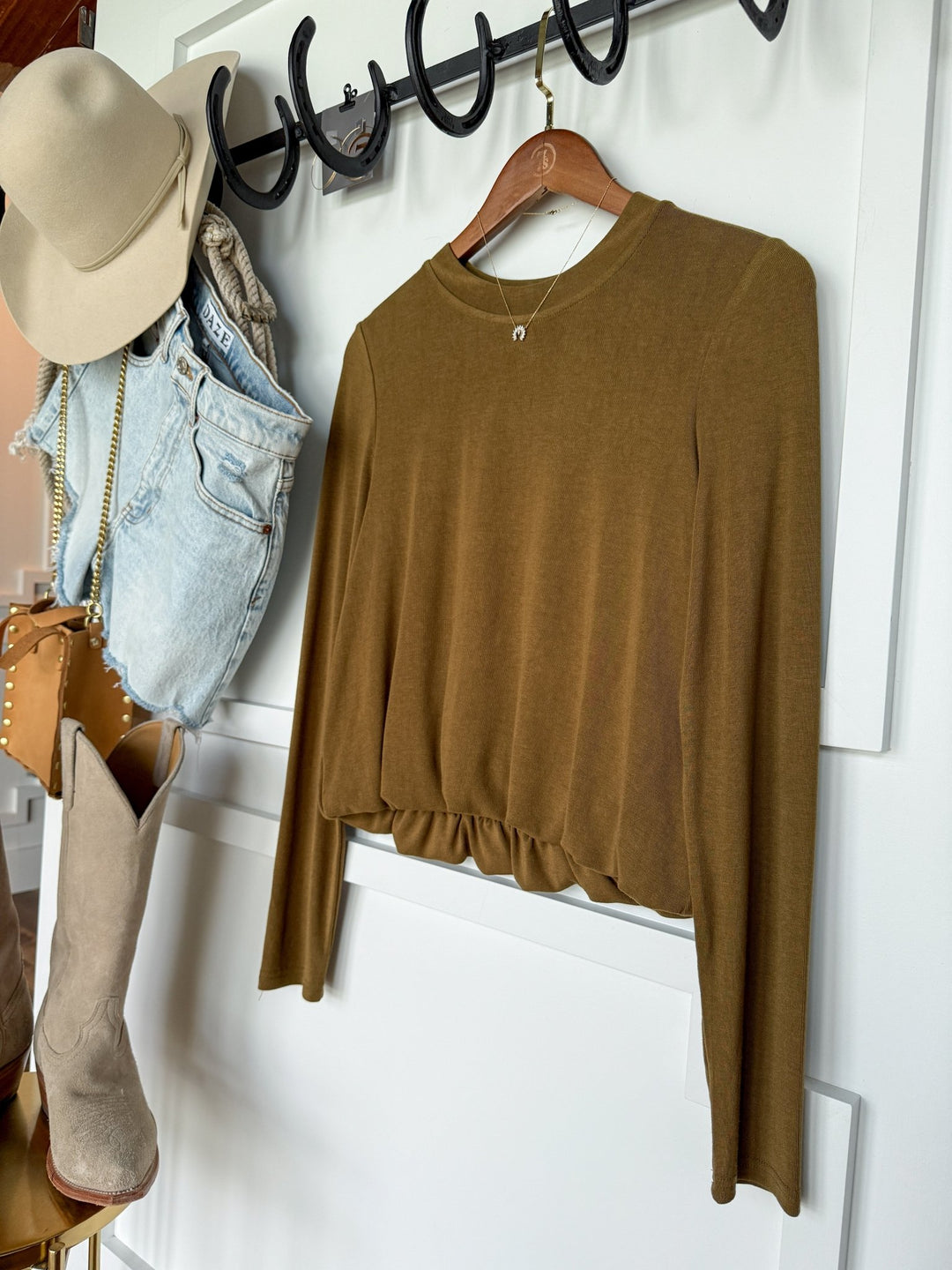 Mendon Olive Bubble Hem Top