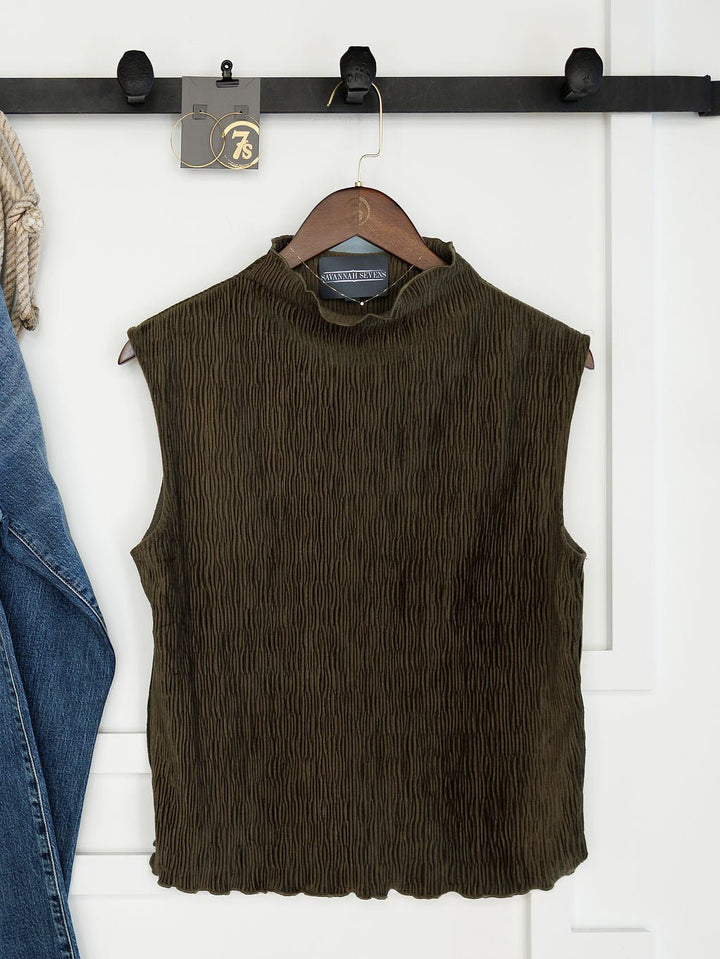 Mentone Olive Shirred Sleeveless Top