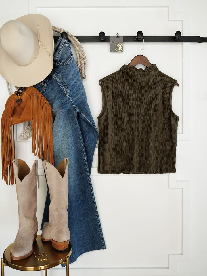 Mentone Olive Shirred Sleeveless Top