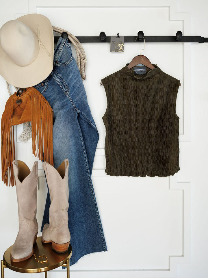 Mentone Olive Shirred Sleeveless Top