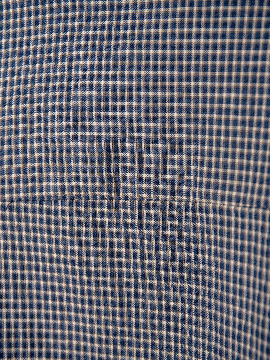Close-up of The Metairie by Savannah Sevens western life{&}style, featuring a cotton blend fabric in a small blue and beige checkered pattern. Texture, stitching, and a horizontal seam highlight the relaxed fit of this plaid short sleeve top.