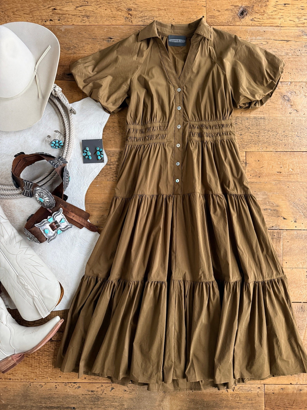 Monterey Bronze Olive Puff Sleeve Dress Medium