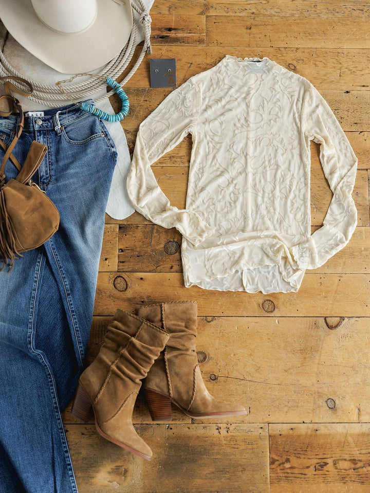 Mosquero Cream Velvet Boot Stitch Mesh Top