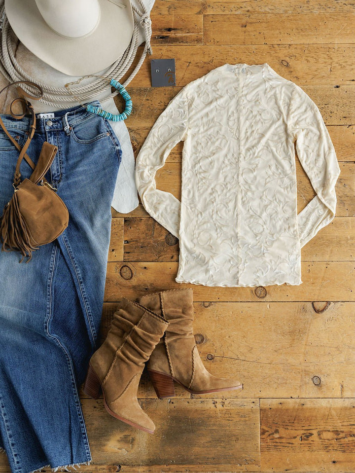 Mosquero Cream Velvet Boot Stitch Mesh Top
