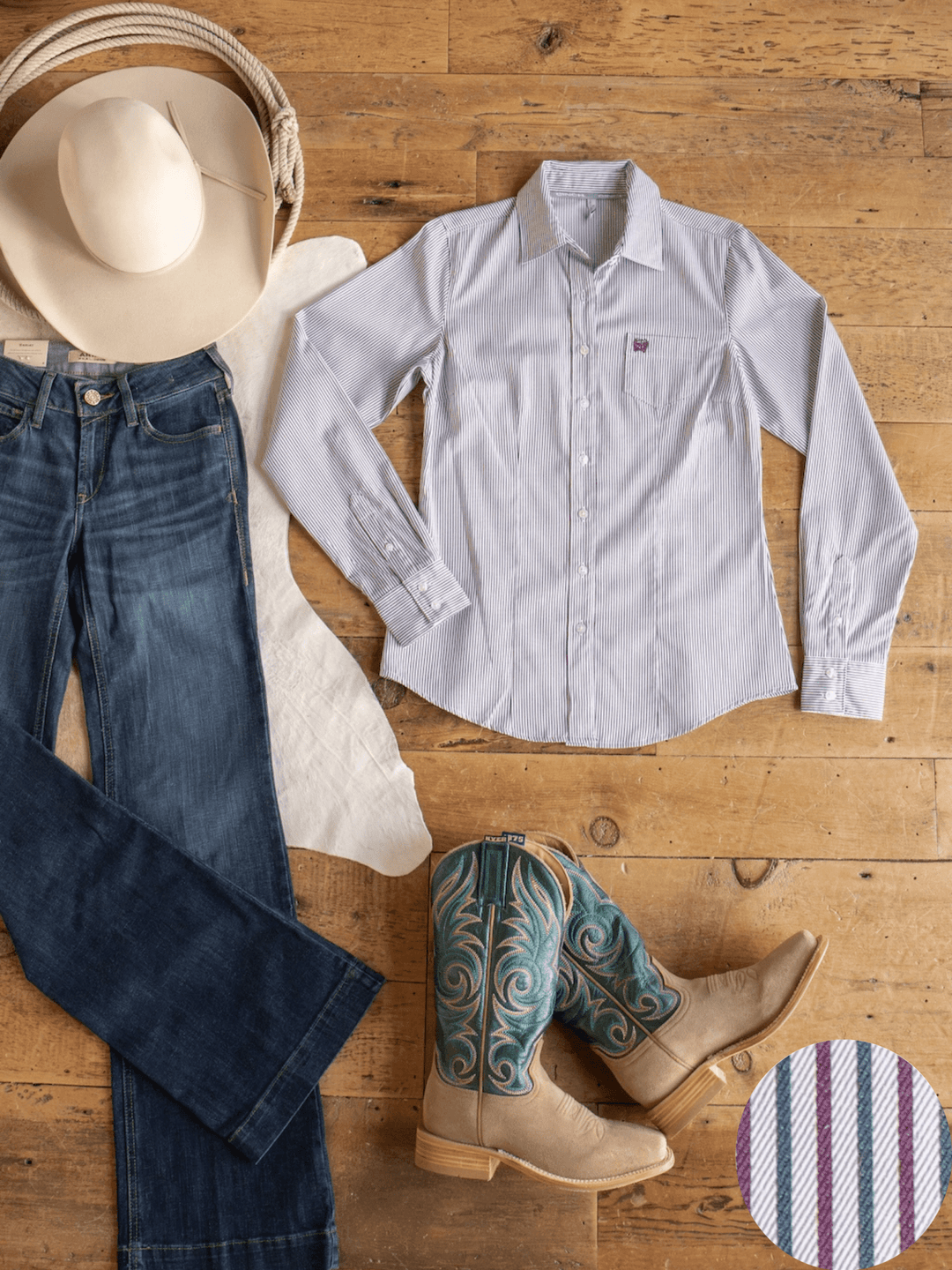 Newburg Striped Tencel Performance Shirt by Savannah Sevens western life{&}style styled with a cowboy hat, blue jeans, and turquoise embroidered cowboy boots, all arranged on a wooden floor. Circular inset highlights a close-up of the shirt’s striped pattern.