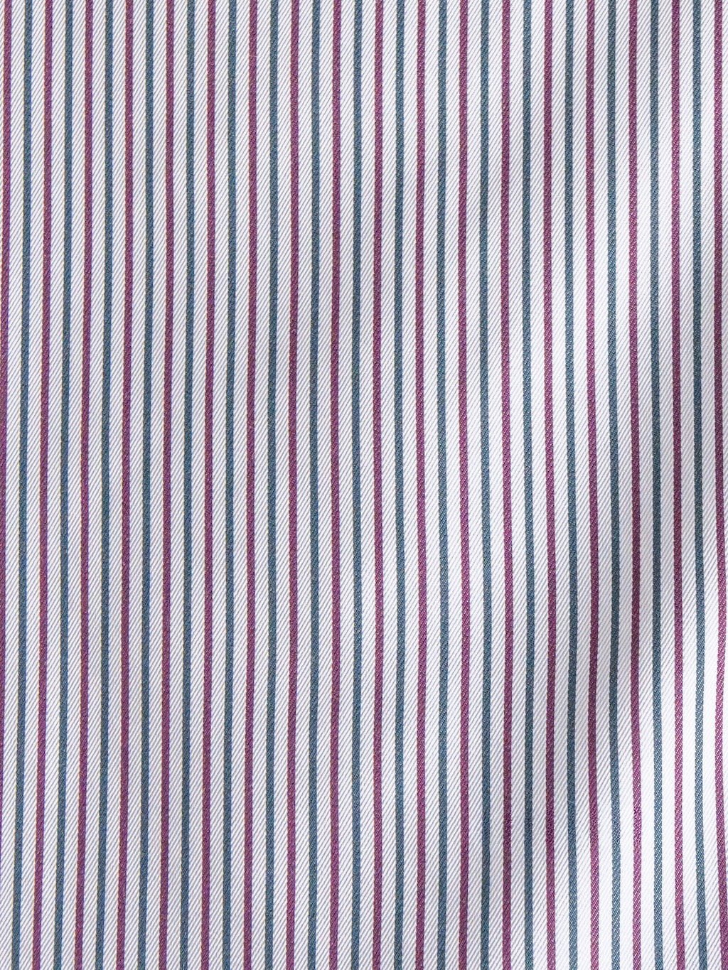 Close-up of the Newburg Striped Tencel Performance Shirt by Savannah Sevens western life{&}style, showcasing evenly spaced vertical stripes in purple, blue, and white. The fabric appears smooth with a slight wrinkle on the right side.