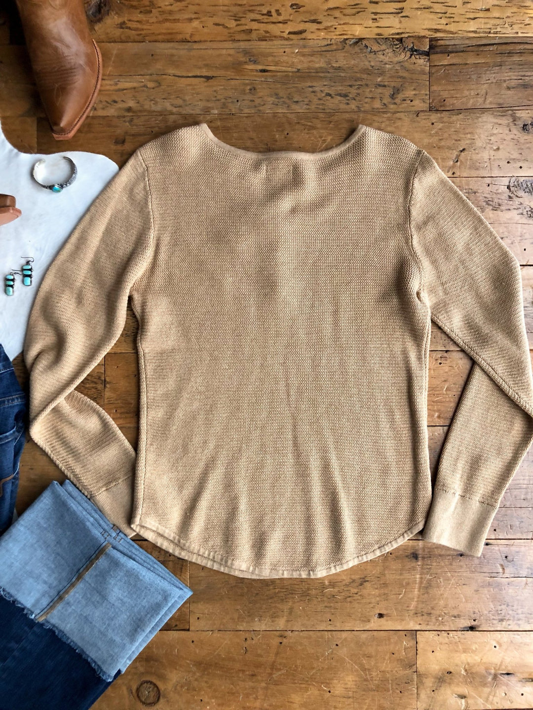 Oconto Tan Knit Henley Top
