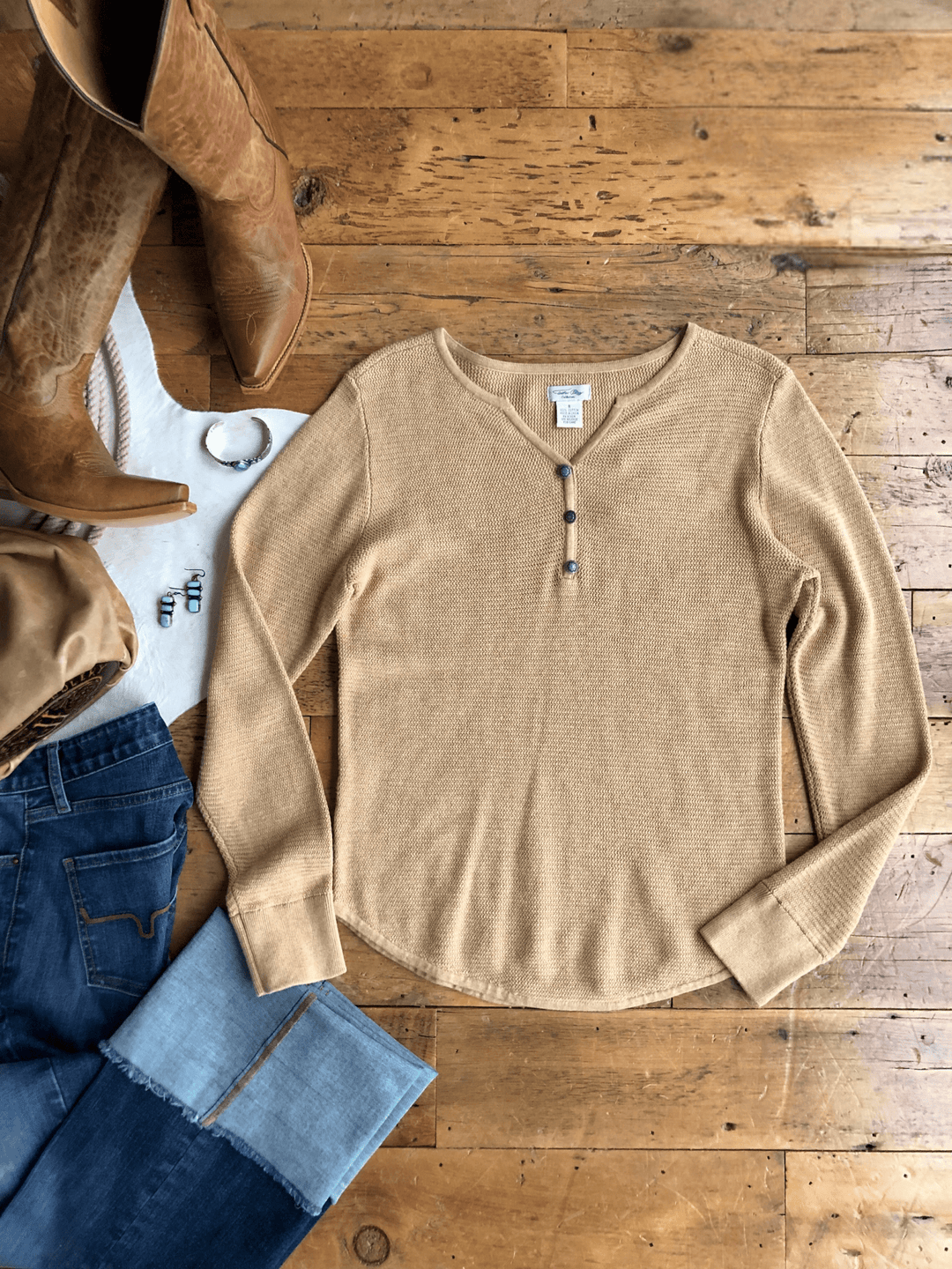 Oconto Tan Knit Henley Top