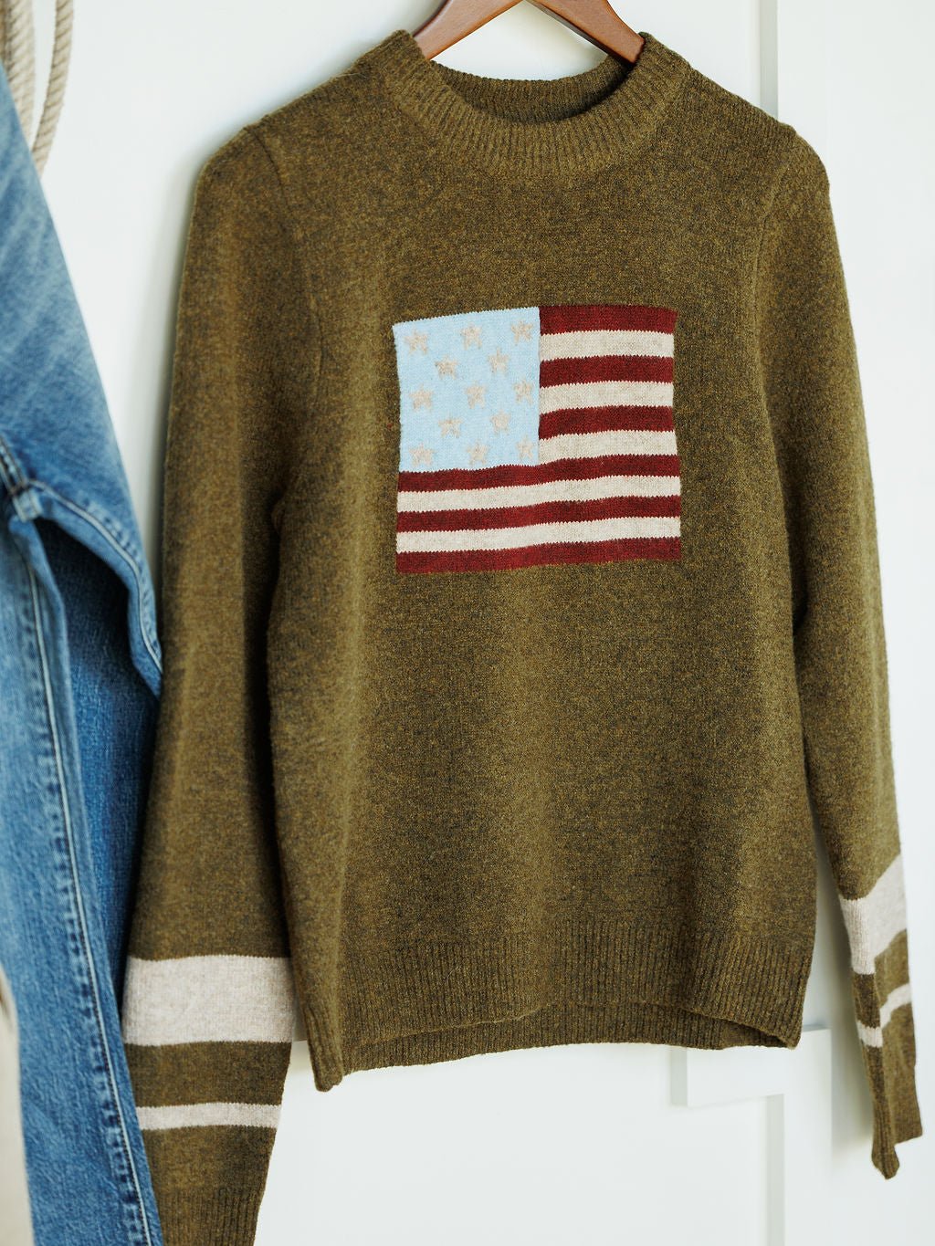 Old Glory Olive American Flag Sweater