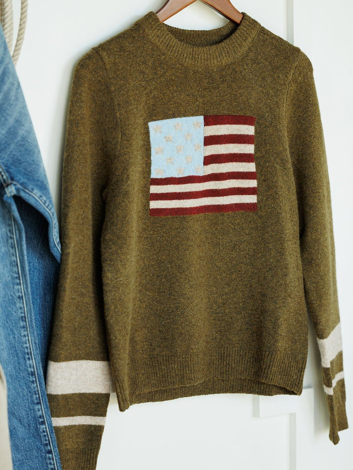 Old Glory Olive American Flag Sweater