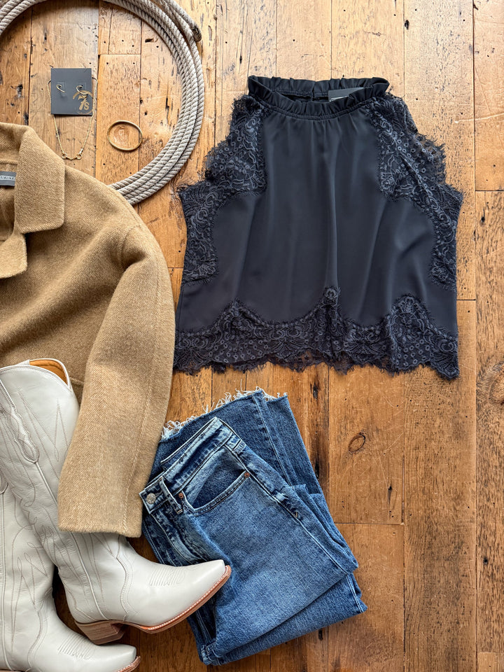 Palisade Charcoal Lace Trim Top